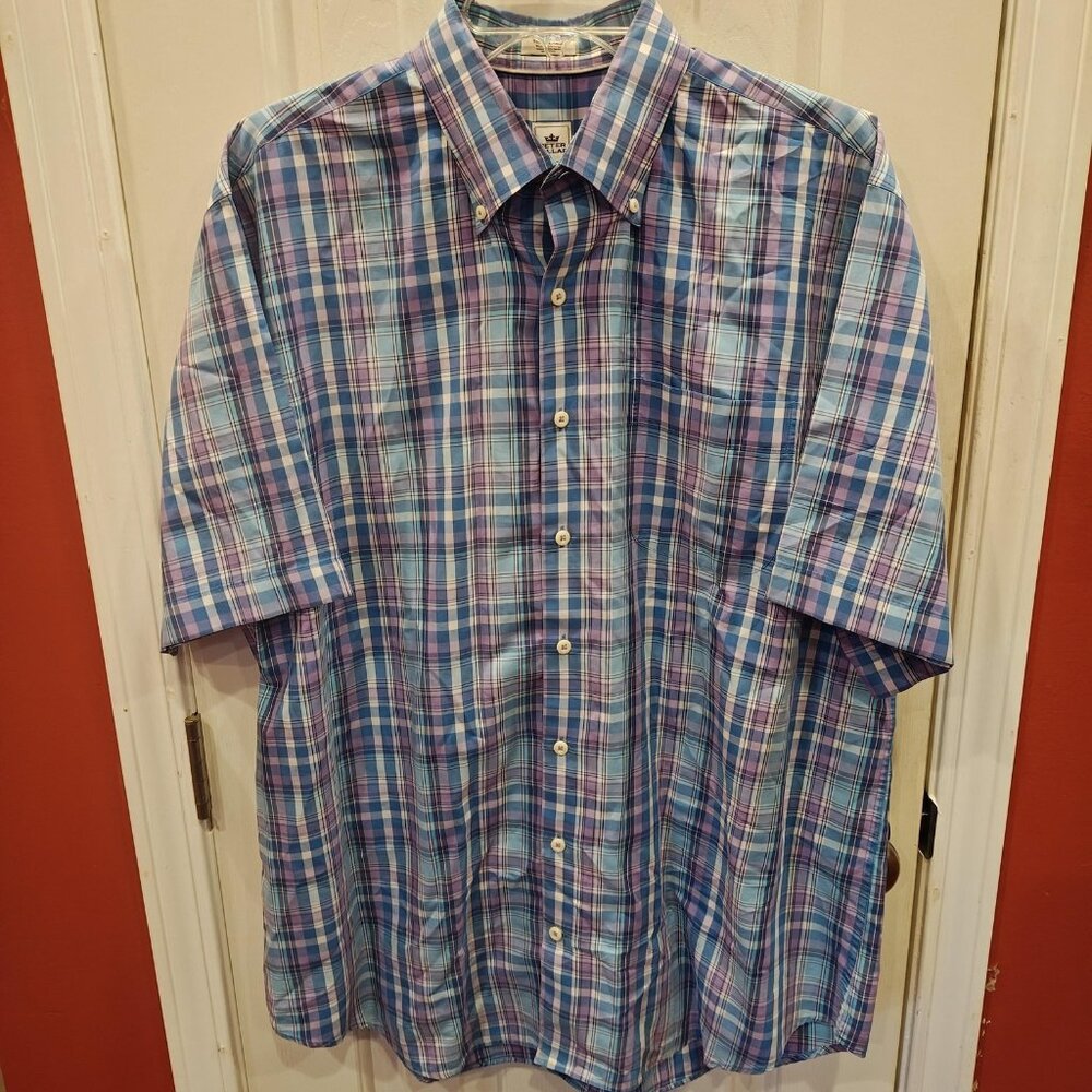 Peter Millar Shirt Mens XL Blue Purple Plaid Button Down Short Sleeve Cotton - Picture 1 of 7